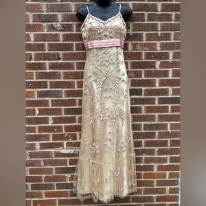 Sue Wong Pink and Cream Embroidered Maxi Dress